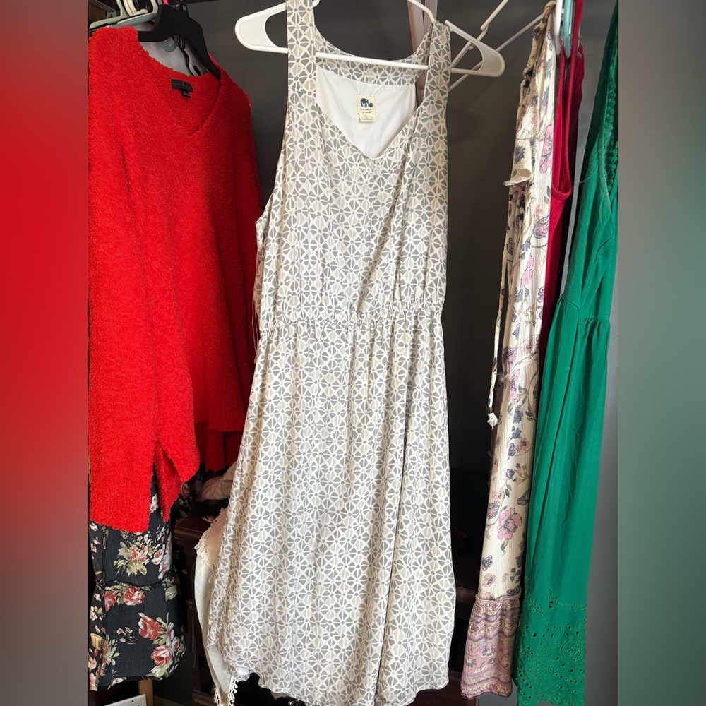 Lucky Brand White Gray Geometric 100% Silk Patterned Midi Dress large